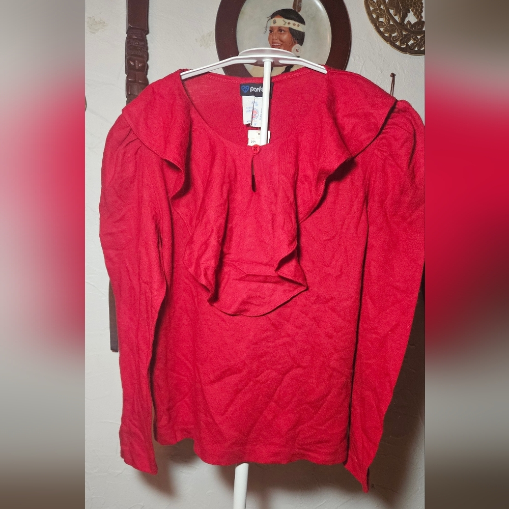 Vintage NWT 70s Medium Red 100% Wool Blouse Old Money Ruffle Collar Office Chic
